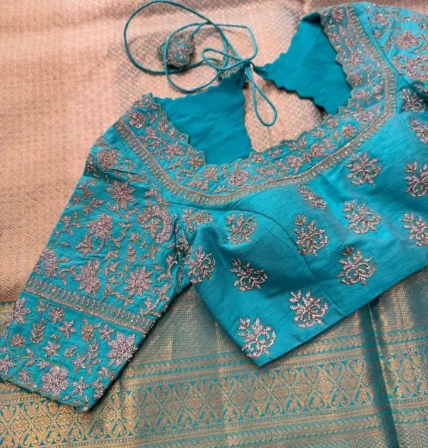Sky Blue Bridal Maggam Work Blouse Stone Embellished Designer Wear for Muhurtham Sarees