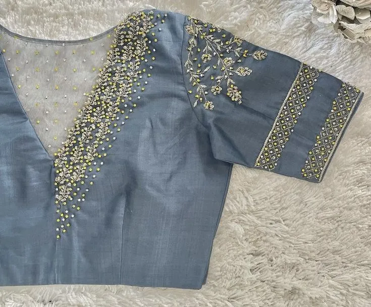 Sophisticated Grey Net Blouse with Fine Aari Detailing & Boat Neck Finish