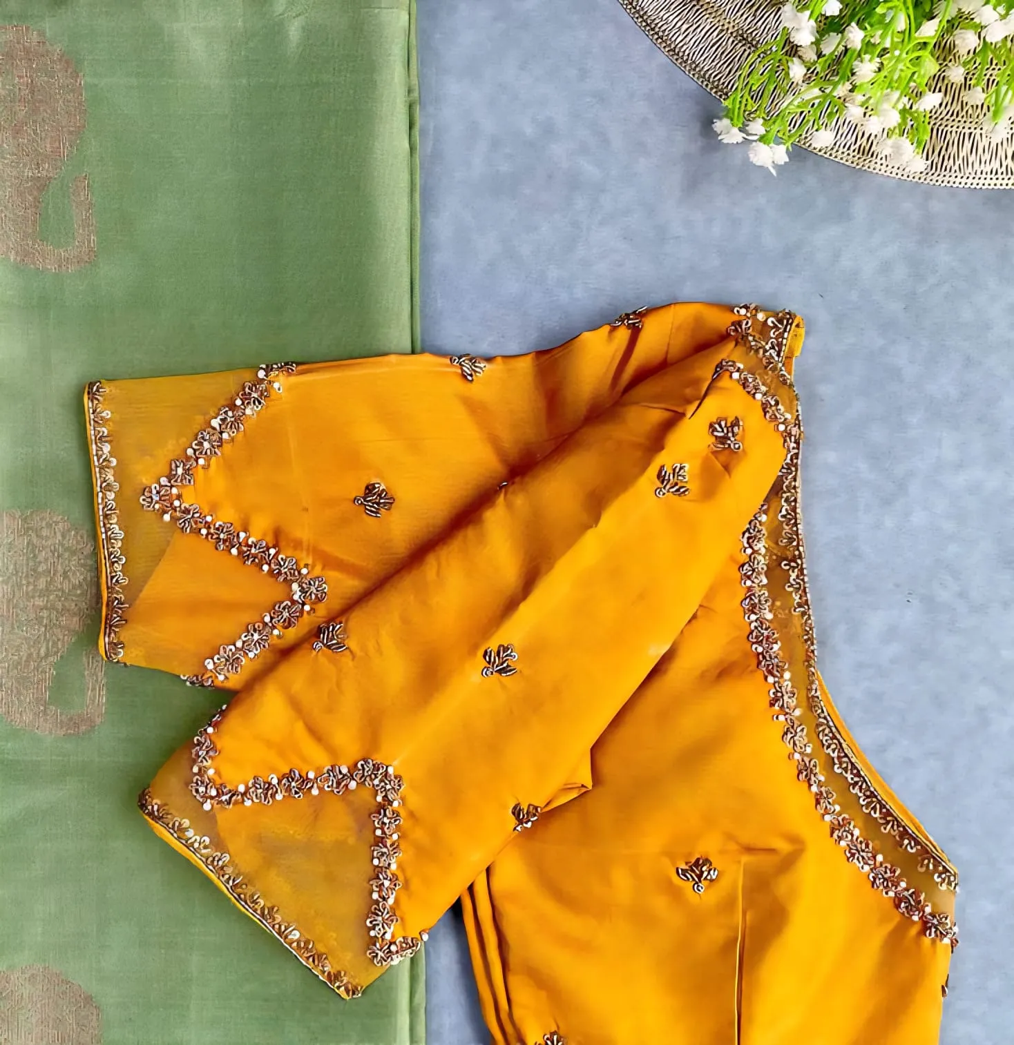 Stunning Mustard Yellow Net Blouse with Intricate Maggam Embroidery