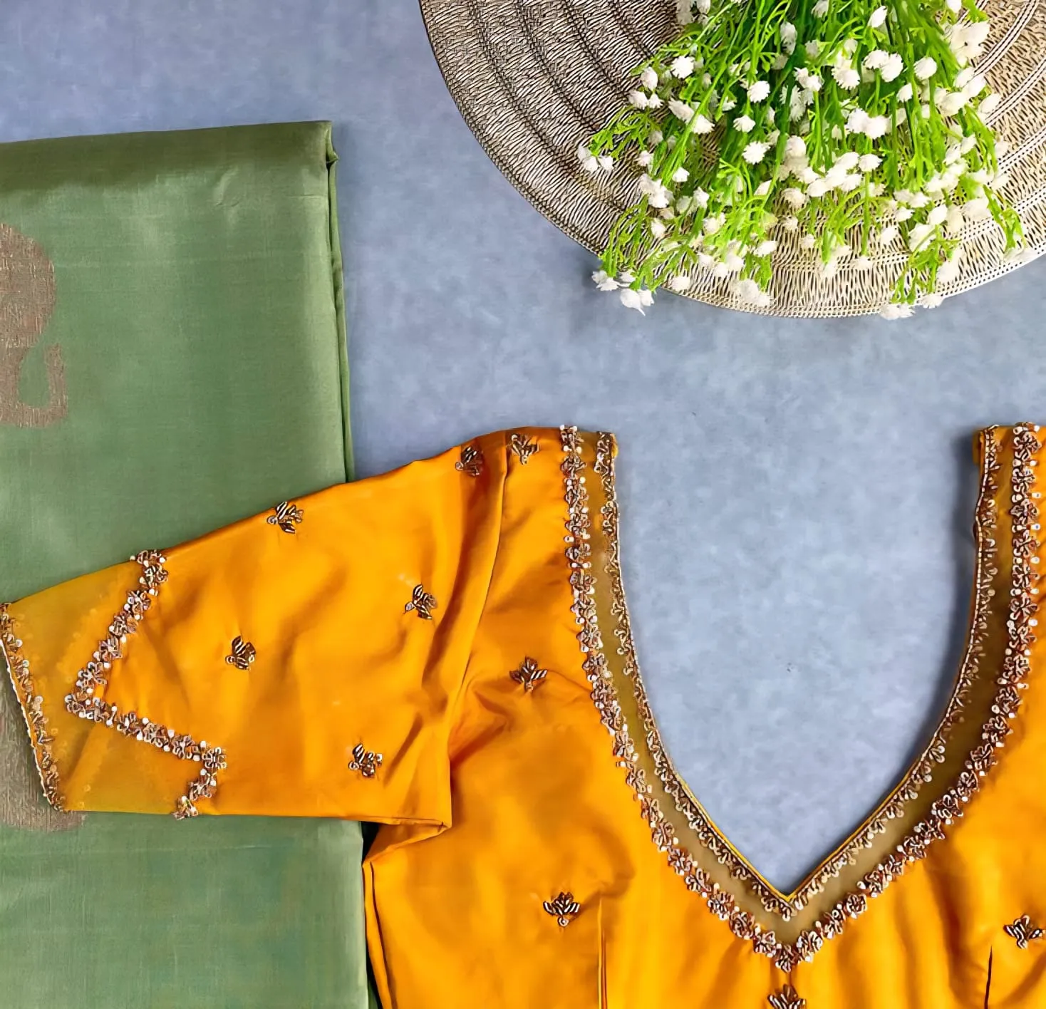 Stunning Mustard Yellow Net Blouse with Intricate Maggam Embroidery