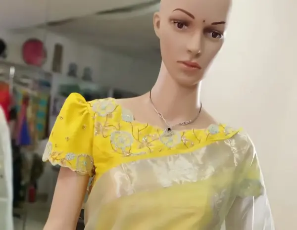 Sunshine Elegance Yellow Raw Silk Boat Neck Maggam Work Blouse