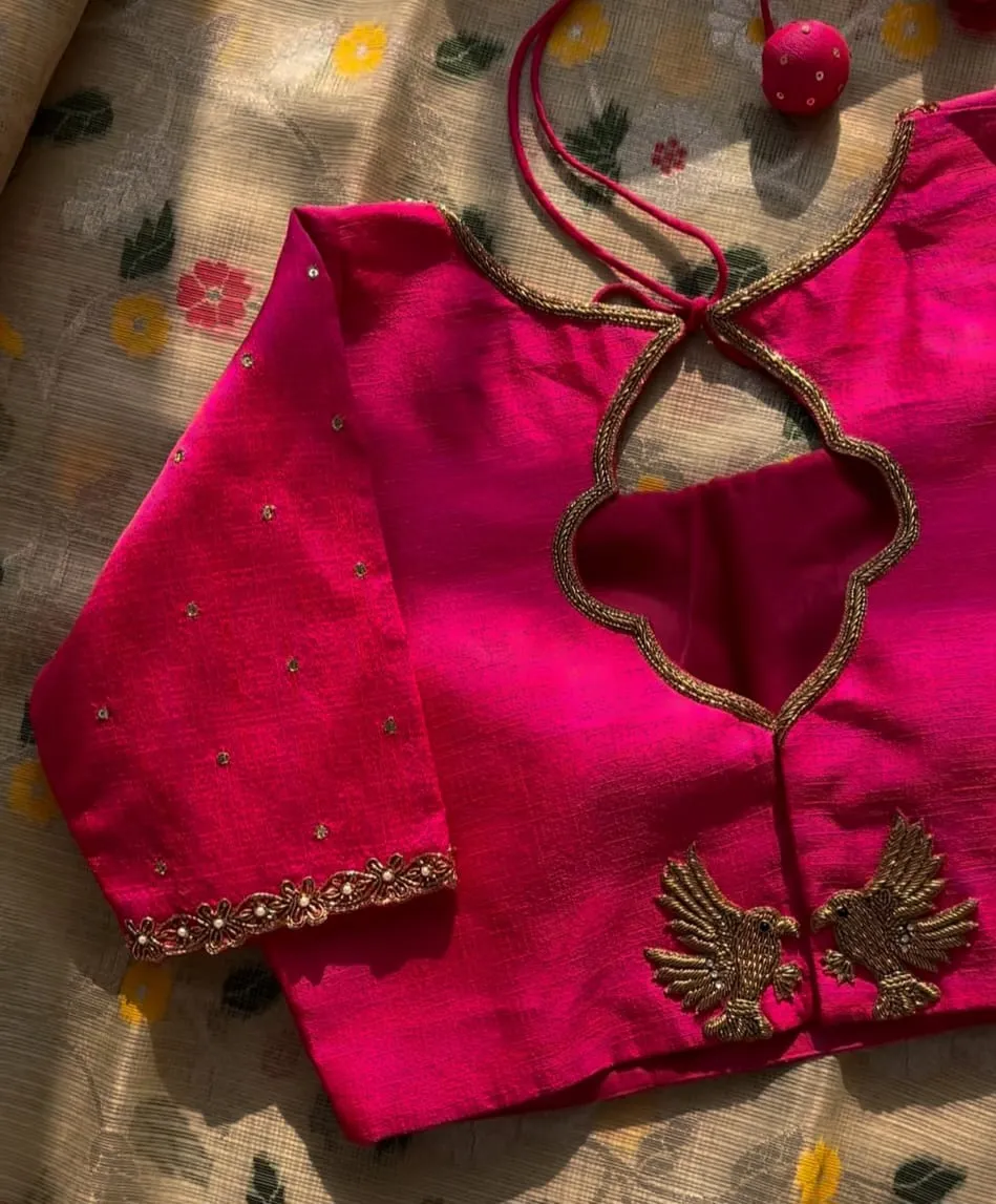 Timeless BeautyHandcrafted Pink Zardosi Peacock Blouse Design