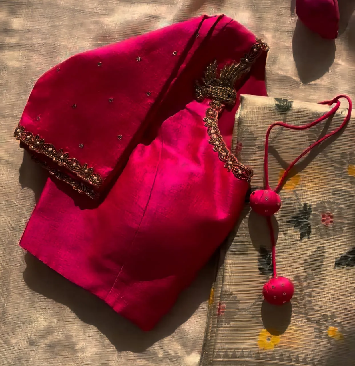 Timeless BeautyHandcrafted Pink Zardosi Peacock Blouse Design