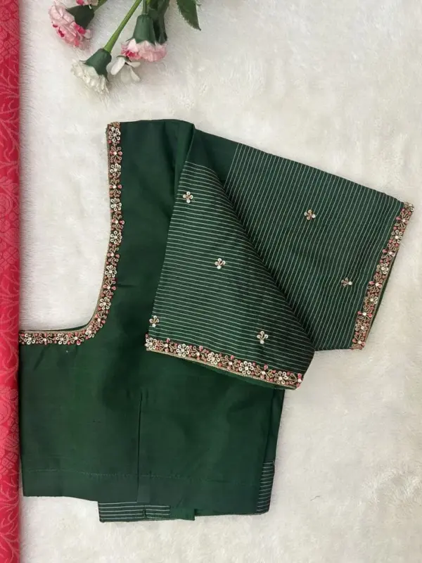 Bottle Green Minimal Maggam Work Blouse Elegant Bridal & Partywear Designer Blouse