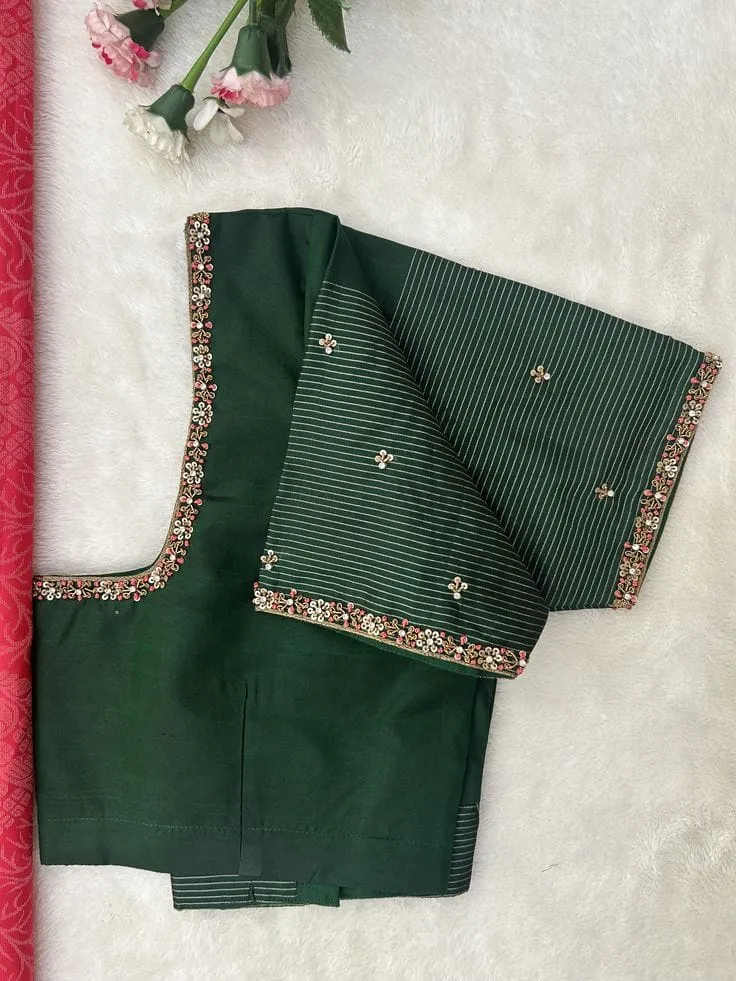 Bottle Green Minimal Maggam Work Blouse Elegant Bridal & Partywear Designer Blouse