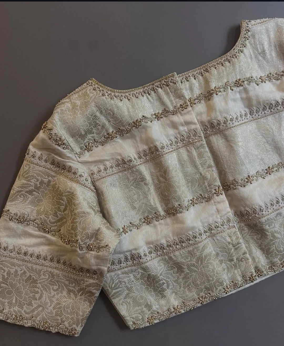 Cream Bridal Maggam Work Blouse with Intricate Lines Design