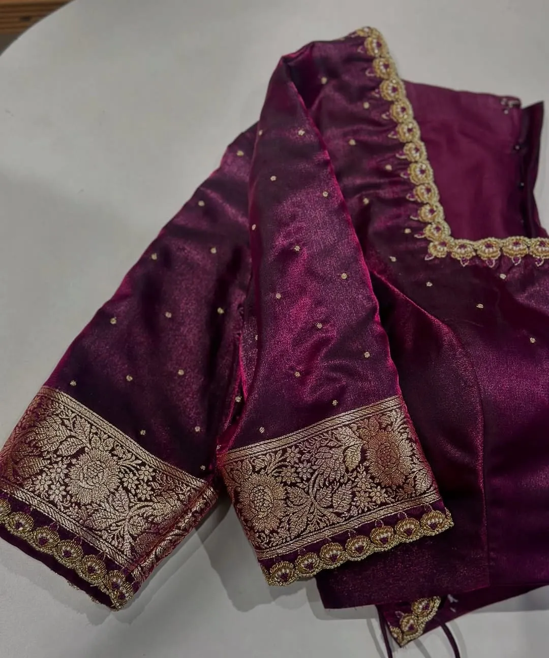 Dark Maroon High Neck Maggam Cutwork Blouse Designer Bridal Blouse for Weddings