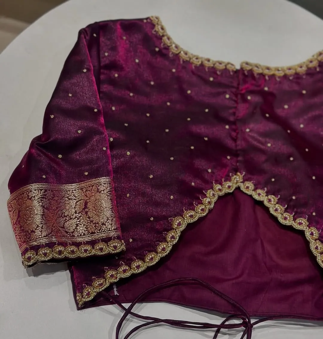 Dark Maroon High Neck Maggam Cutwork Blouse Designer Bridal Blouse for Weddings