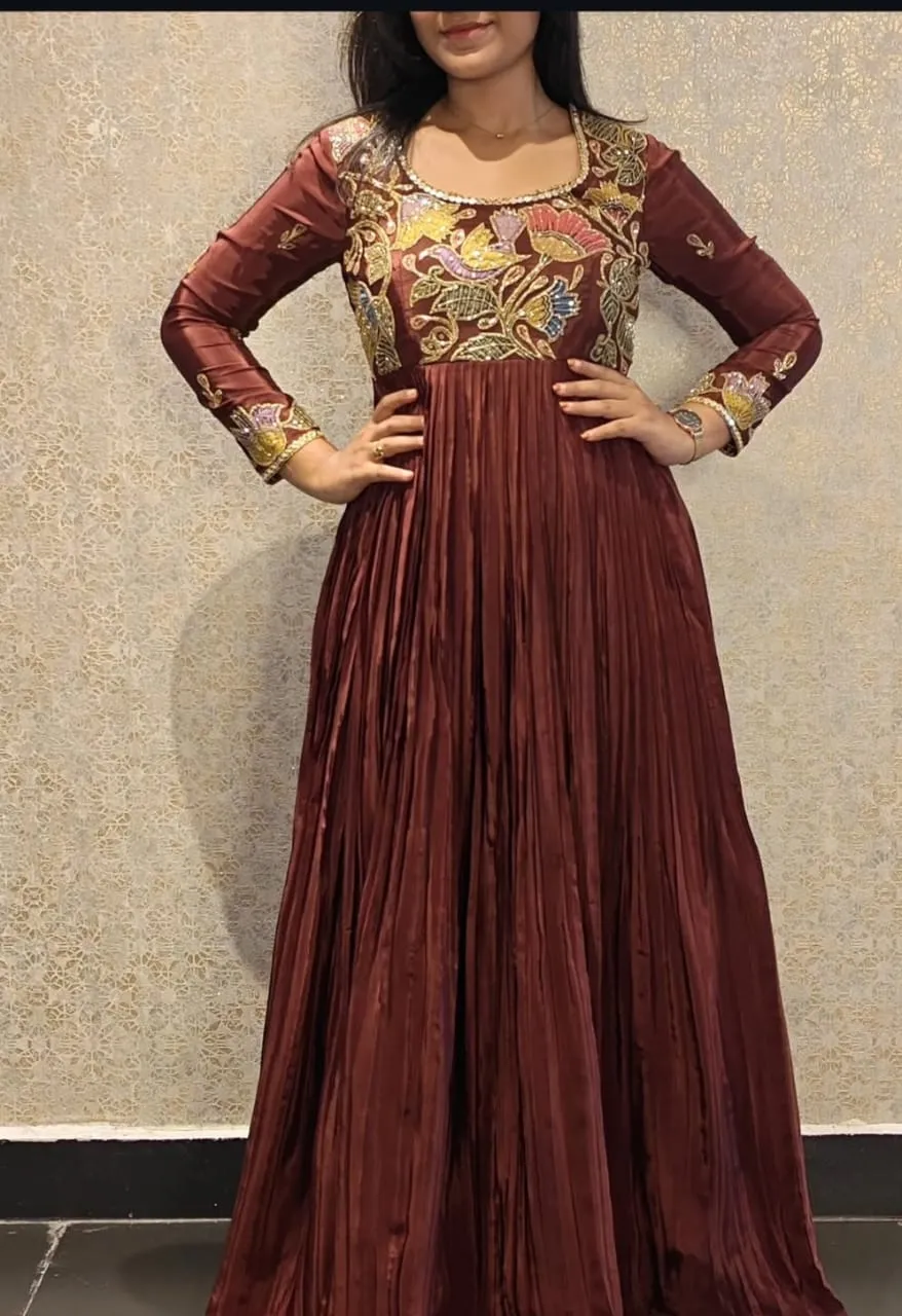 Elegant Brown Designer Full Sleeves Long Frock Custom Partywear & Wedding Gown for Women