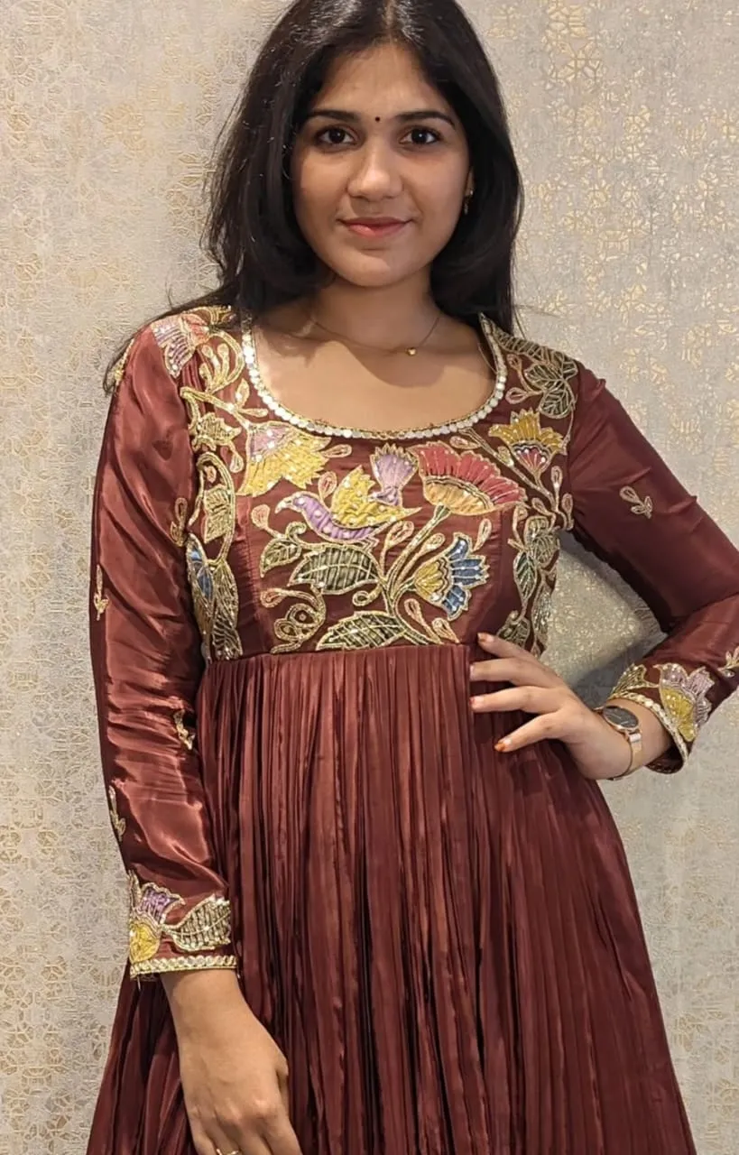 Elegant Brown Designer Full Sleeves Long Frock Custom Partywear & Wedding Gown for Women