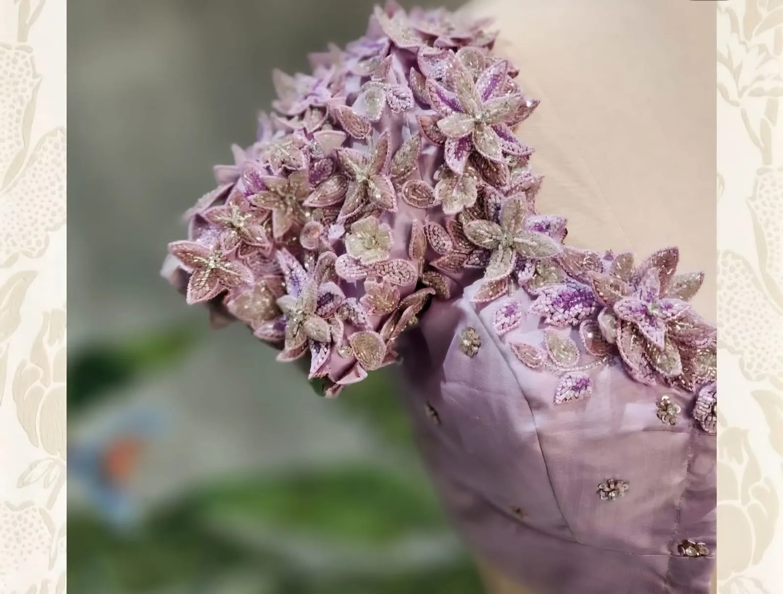 Elegant Lavender Maggam Blouse with 3D Flower Embellishments