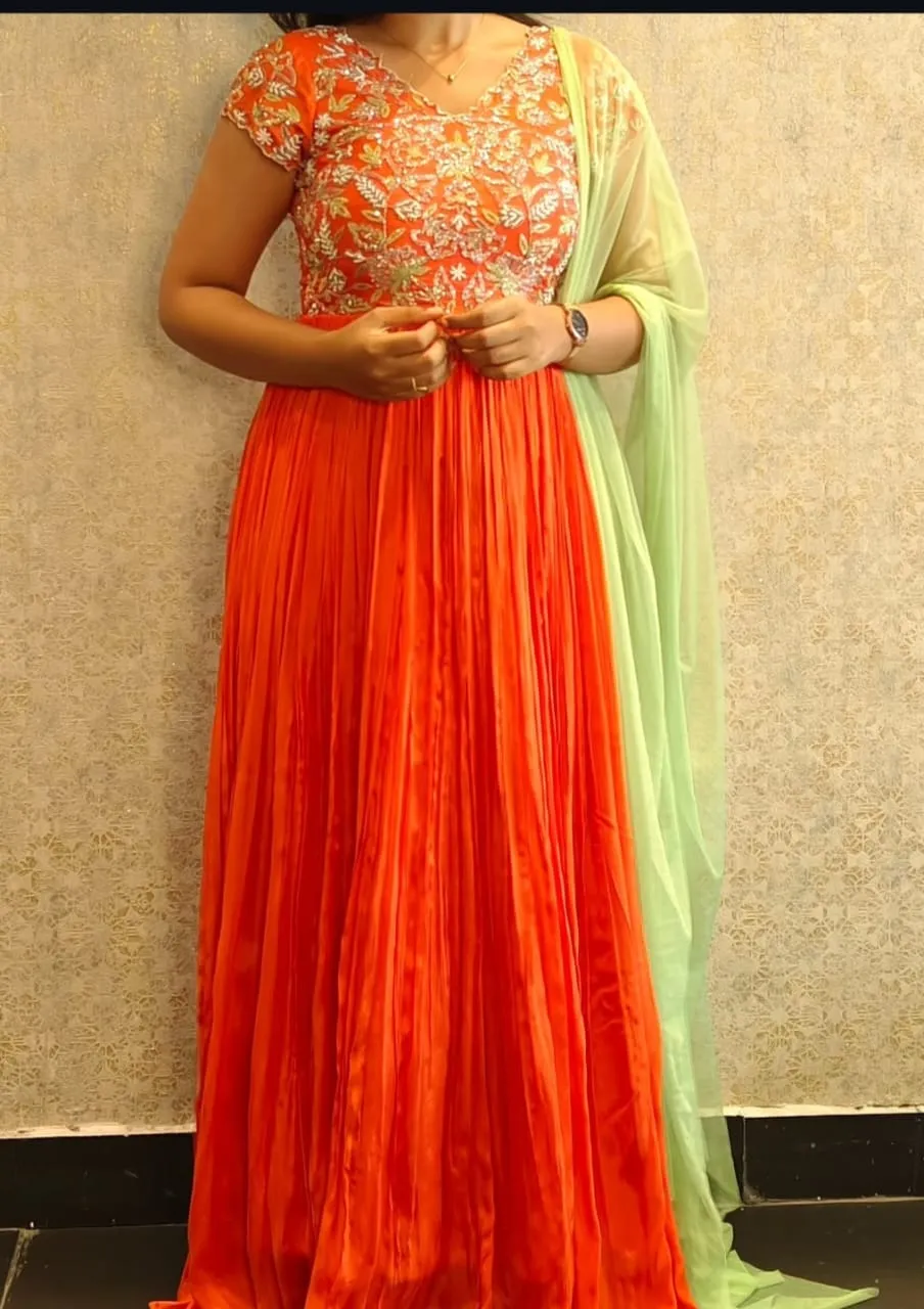 Elegant Orange Customized Maggam Work Party Wear Long Frock Designer Ethnic Gown for Women