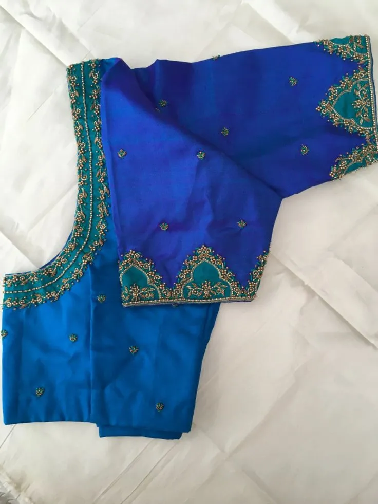 Exclusive Dark Blue Saree Blouse with Maggam Work Stylish Wedding Fashion