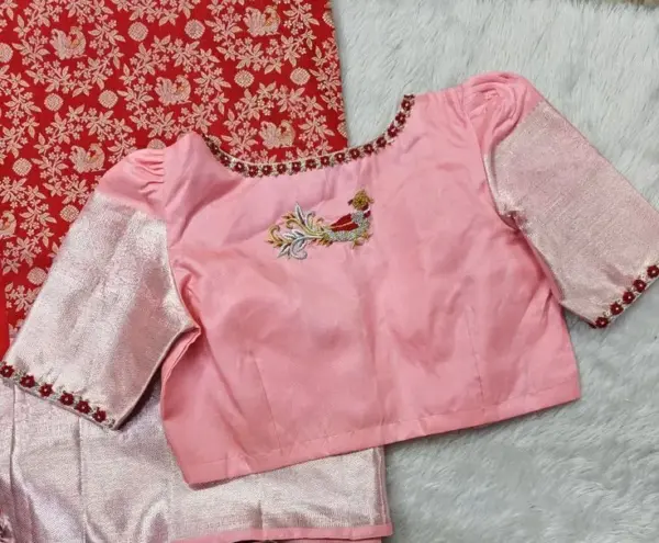 Exclusive Designer Peach Peacock Maggam Work Blouse Royal Bridal Look