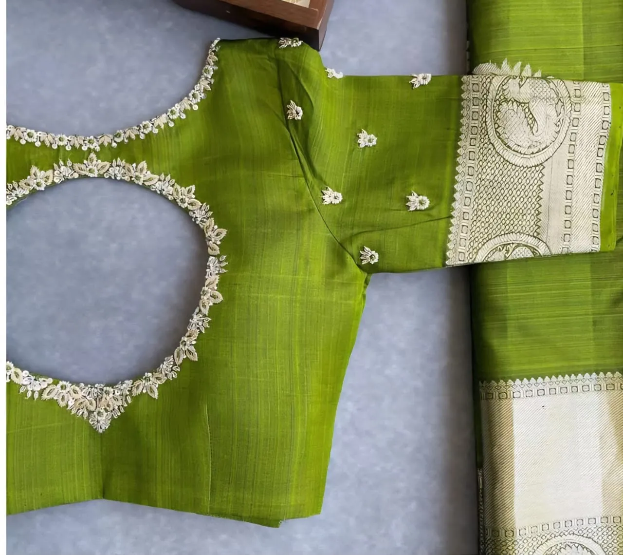 Exclusive Mehandi Green Saree & Silver Maggam Work Blouse Premium Wedding Look