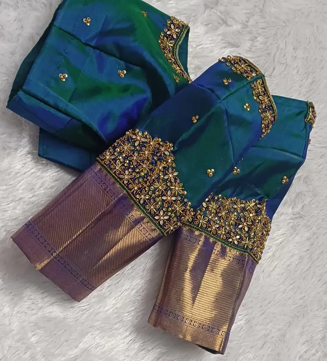 Exclusive Peacock Blue Pattu Saree Maggam Work Blouse Designer Bridal Wear