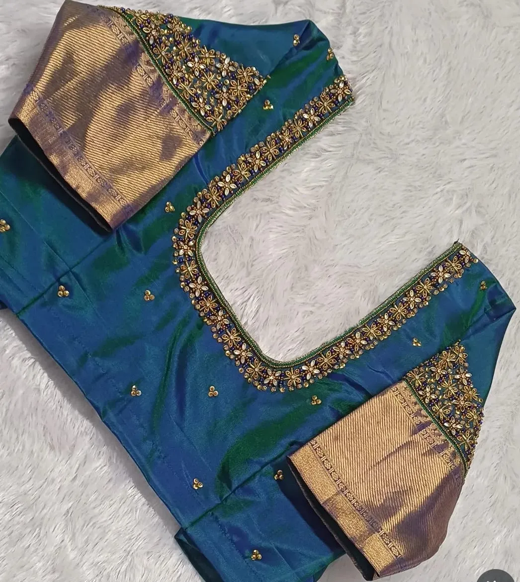 Exclusive Peacock Blue Pattu Saree Maggam Work Blouse Designer Bridal Wear
