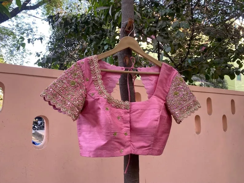 Exquisite Baby Pink Raw Silk Zardosi Maggam Work Blouse Bridal Designer Wear
