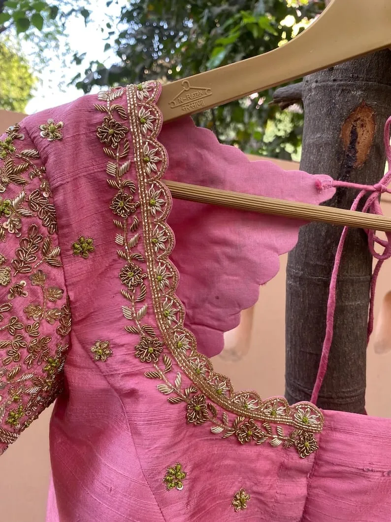 Exquisite Baby Pink Raw Silk Zardosi Maggam Work Blouse Bridal Designer Wear