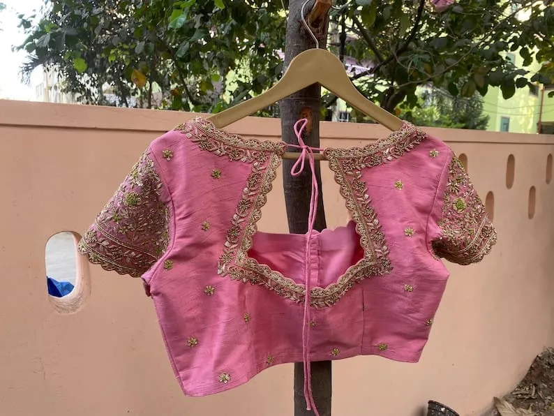 Exquisite Baby Pink Raw Silk Zardosi Maggam Work Blouse Bridal Designer Wear