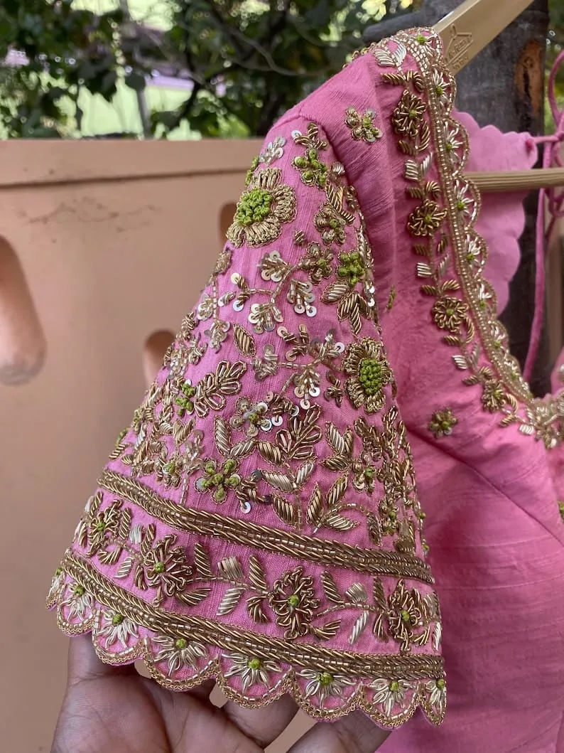Exquisite Baby Pink Raw Silk Zardosi Maggam Work Blouse Bridal Designer Wear