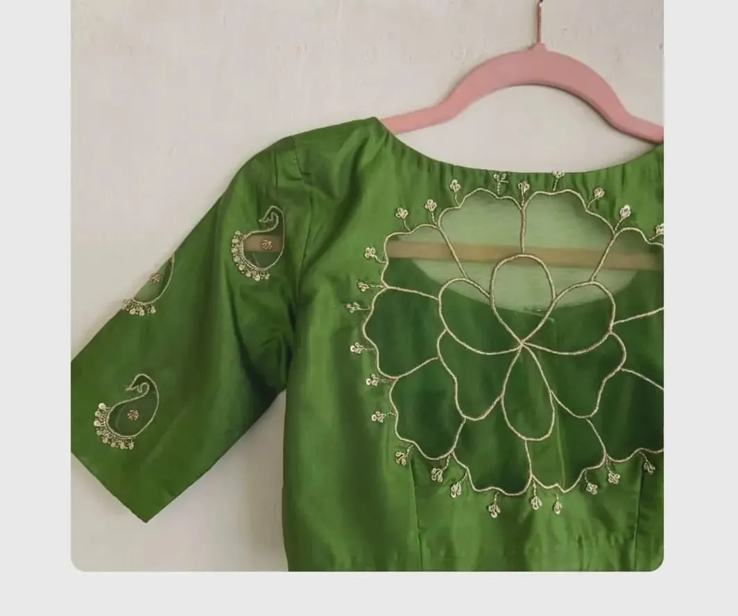 Green Net Designer Blouse for Wedding Party Wear Maggam Work Blouse