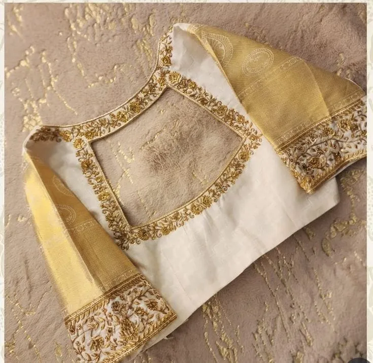 Half White High Neck Zardosi Maggam Work Blouse Elegant Bridal Designer Blouse for Weddings & Festive Wear