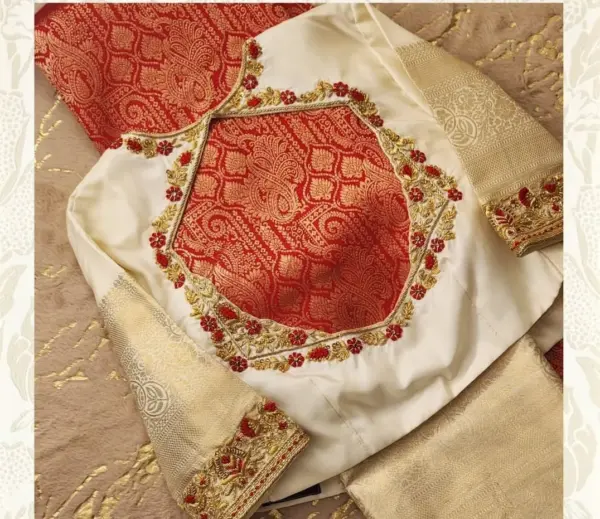 Latest Half White Zardosi Maggam Work Bridal Blouse Designer Neck Style