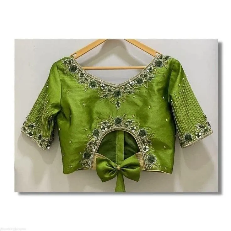 Leaf Green Designer V-Neck Maggam Work Blouse Trending Partywear with Elegant Line Embroidery