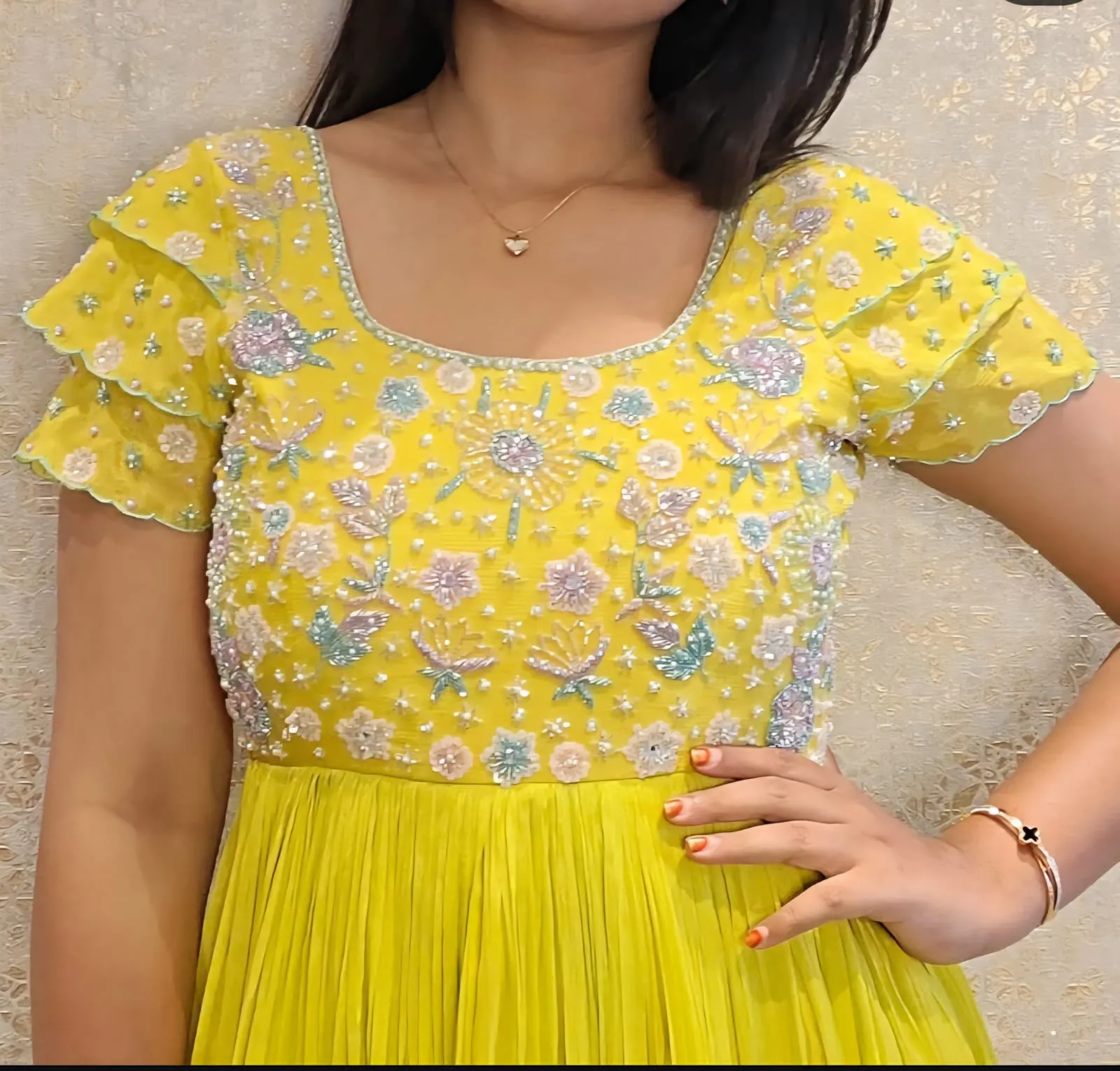 Lemon Yellow Designer Maggam Work Customised Long Frock Bridal & Partywear Gown for Women