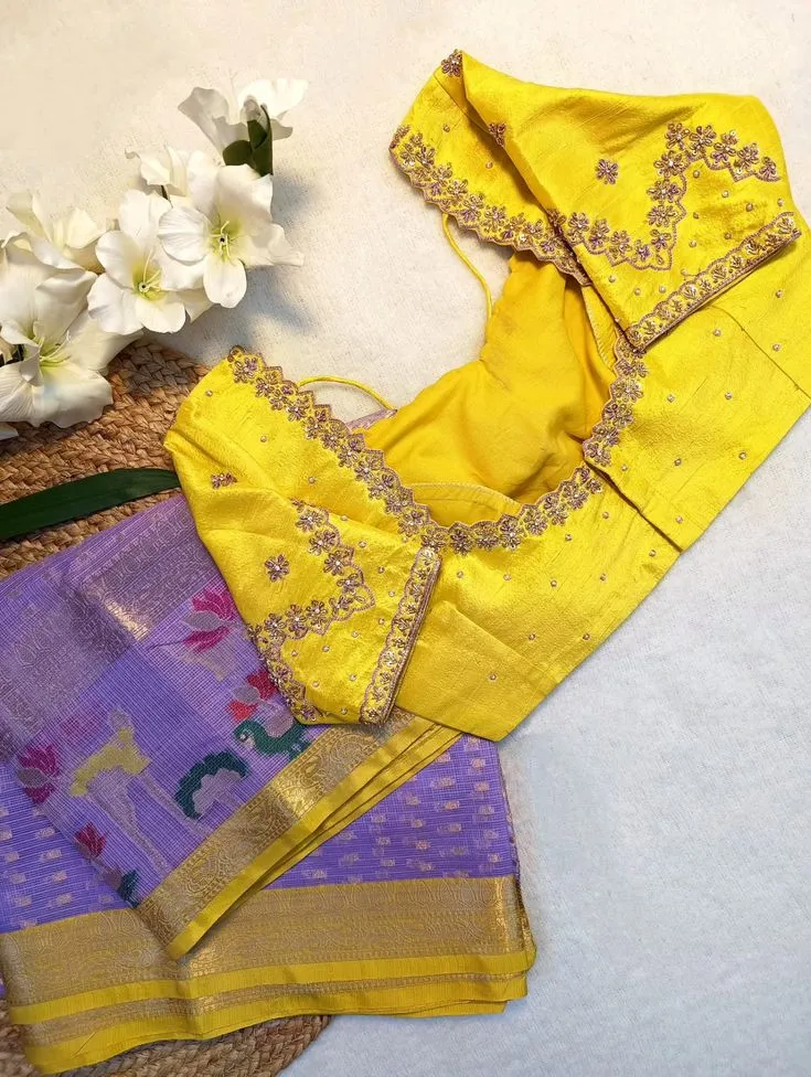 Lemon Yellow Raw Silk Maggam Work Blouse Elegant Bridal & Partywear Designer Blouse
