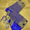 Luxury Blue Checks Designer Maggam Work Blouse Premium Wedding Wear