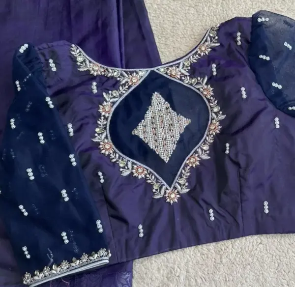 Luxury Dark Blue Net Bridal Blouse Silver Maggam Handwork Design