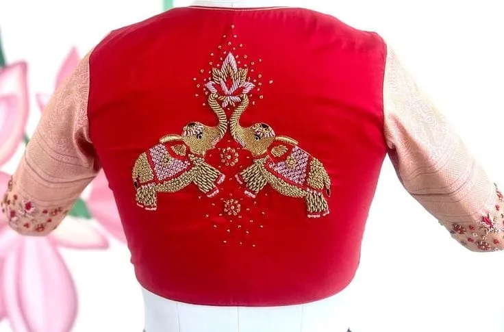 Luxury Red Elephant Zardosi Maggam Blouse Designer Bridal High Neck Style