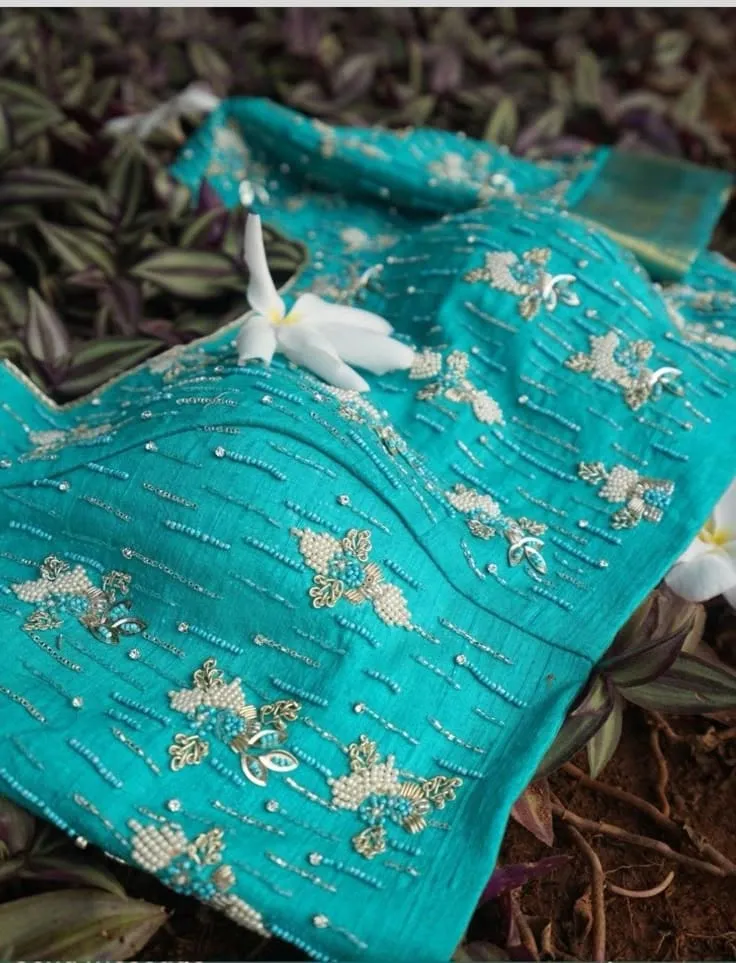 Majestic Sky Blue Grand Maggam Work Wedding Blouse All Over Designer Embroidery for Brides