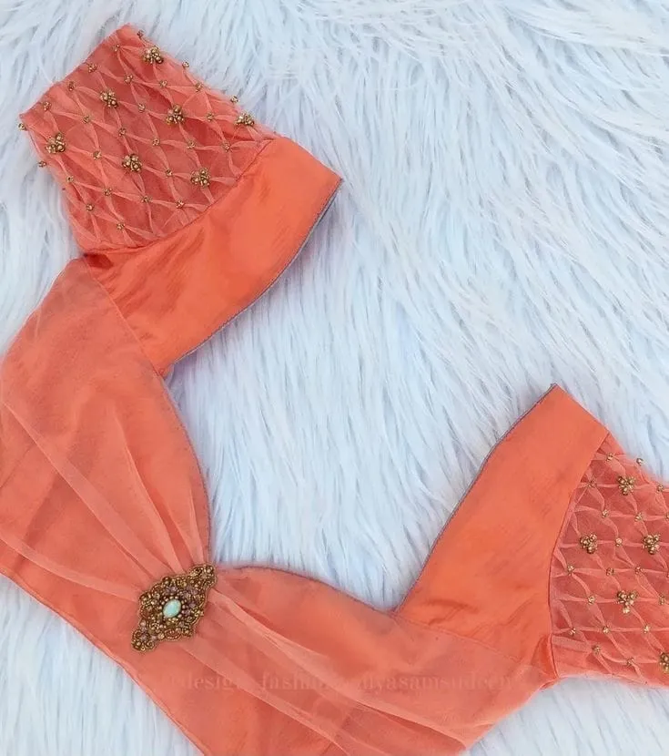 Orange Designer Net Blouse with Fashion Checks & Maggam Work Trendy Partywear for Women
