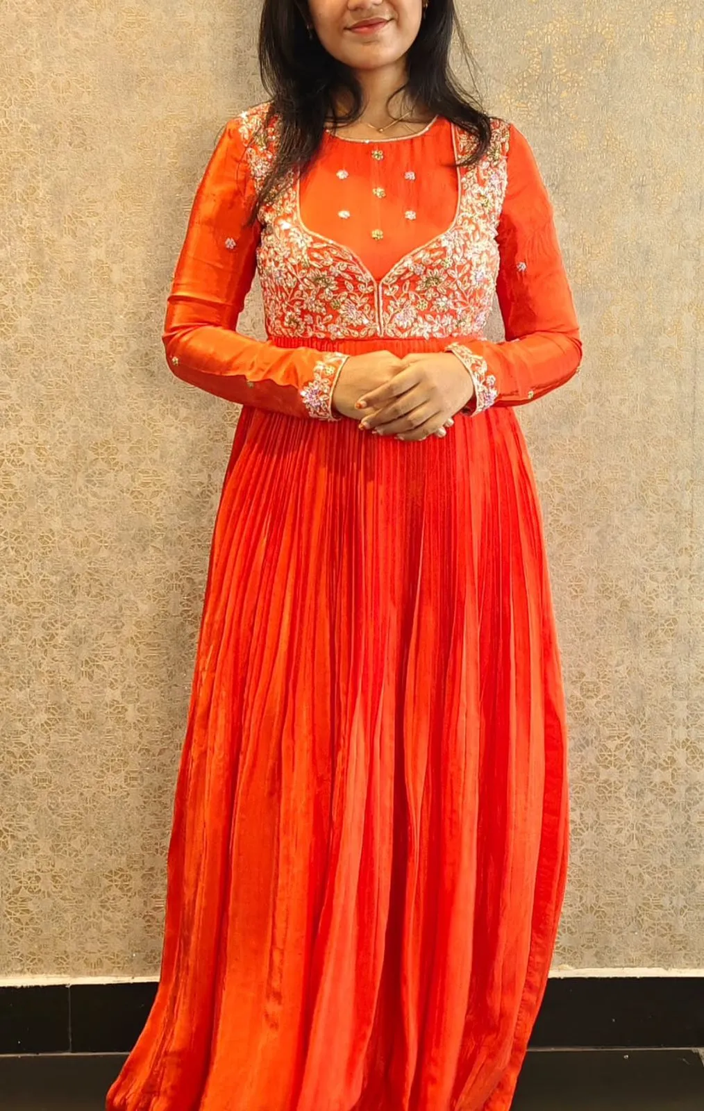 Orange Jacket Maggam Work Customized Long Frock Elegant Designer Bridal & Party Wear