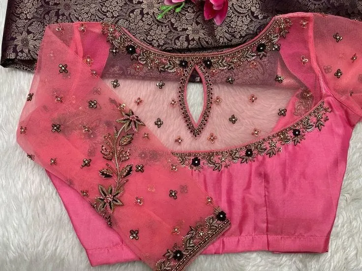 Pastel Peach Net Designer Maggam Work Blouse Latest Partywear Blouse for Weddings & Functions