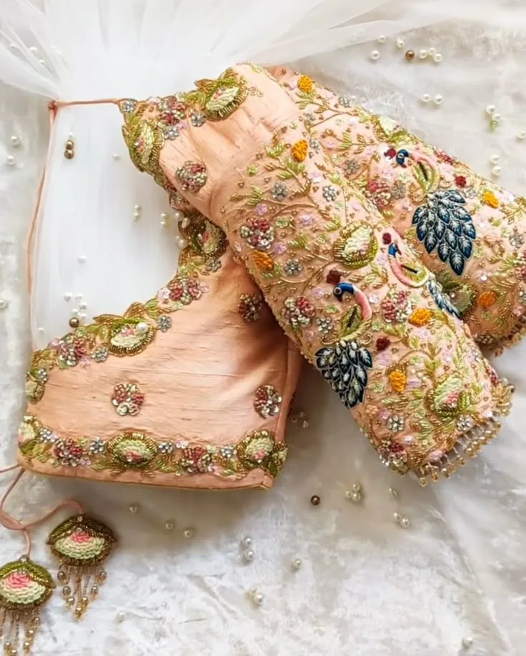 Peach Peacock Designer Maggam Work Grand Blouse Latest Bridal Wedding Blouse Design