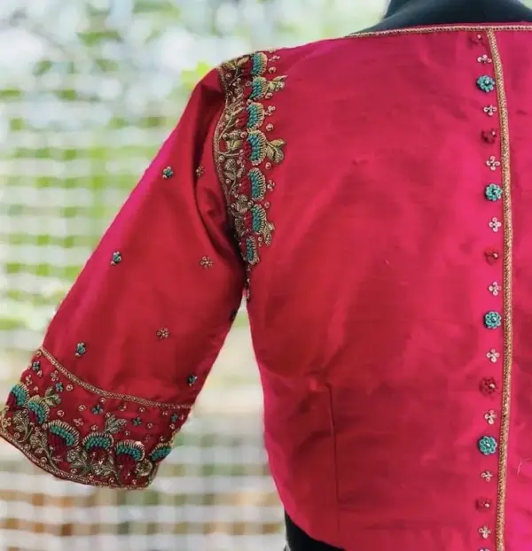 Pink High Neck Thread Work Maggam Blouse Elegant Bridal & Partywear Design