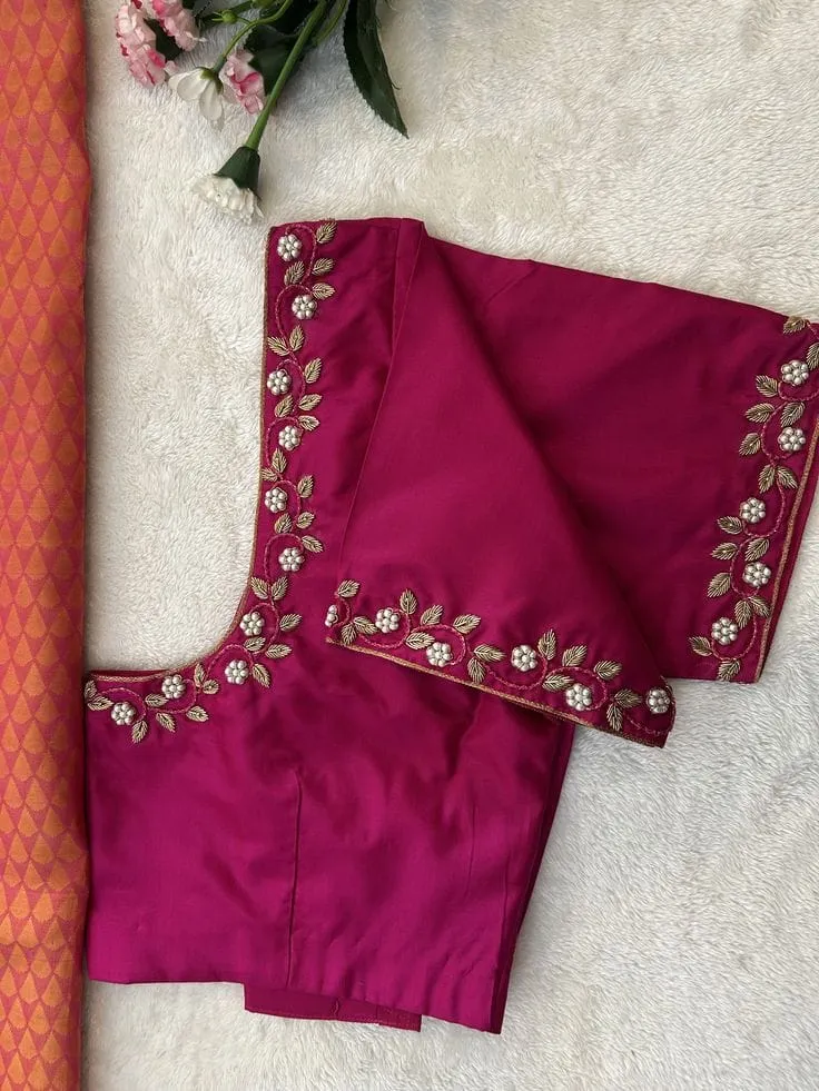 Pink Leaf Design Maggam Work Blouse Elegant Bridal & Partywear Trend
