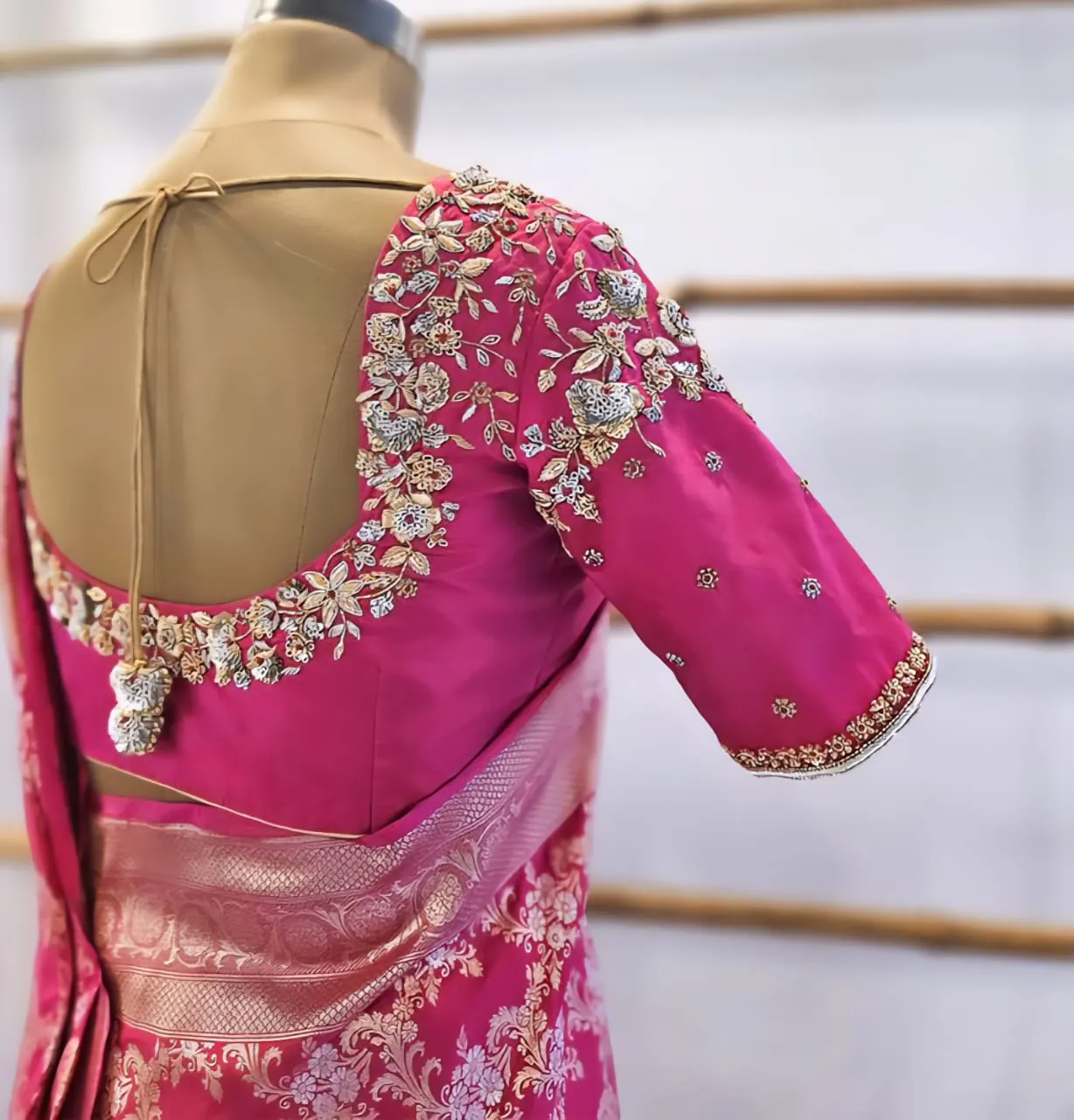 Pink Partywear Blouse with Shoulder Silver & Gold Zardosi Maggam Work Elegant Festive Designer Blouse