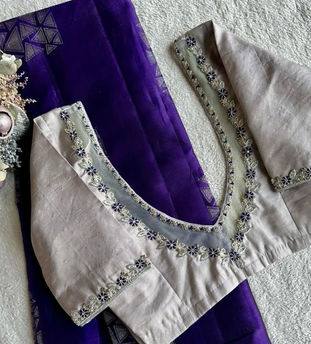 Premium Silver Net Blouse with Exclusive Maggam Work Design