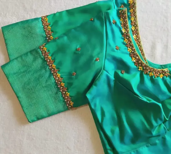 Premium Teal Green Maggam Embroidery Blouse Custom Bridal Wear Online