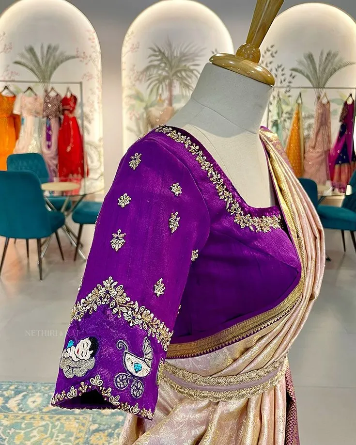 Purple Grand Maggam Work Blouse Baby Shower Party Wear Designer Blouse for Mom-to-Be