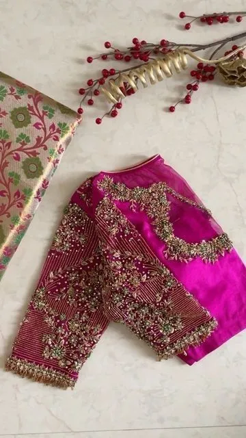 Rani Pink Net Grand Wedding Blouse Luxury Maggam Work Bridal Wear for Muhurtham & Parties