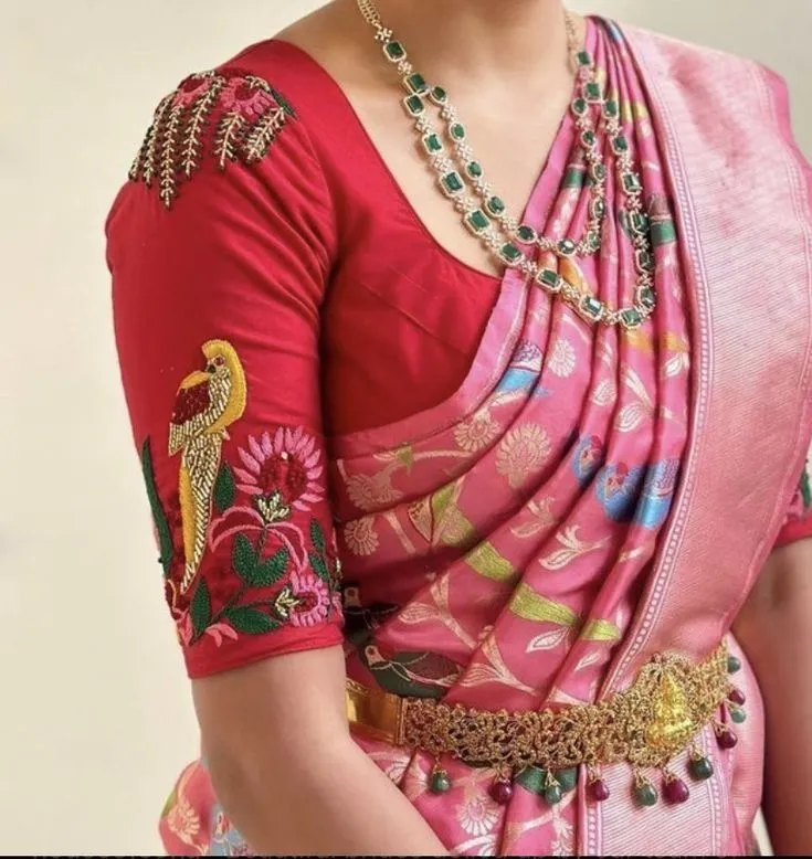 Red Flamingo Floral Thread Maggam Work Blouse Designer Bridal Wear for Festive & Wedding Looks