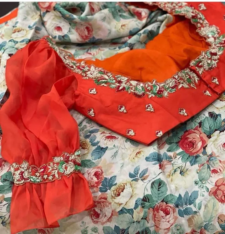 Red Puff Sleeves Designer Maggam Work Blouse Latest Party Wear for Weddings & Festive Looks