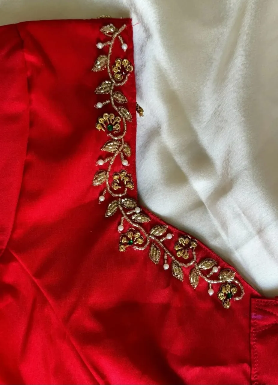Red Thread Floral Maggam Work Designer Blouse – Bridal & Festive Wear
