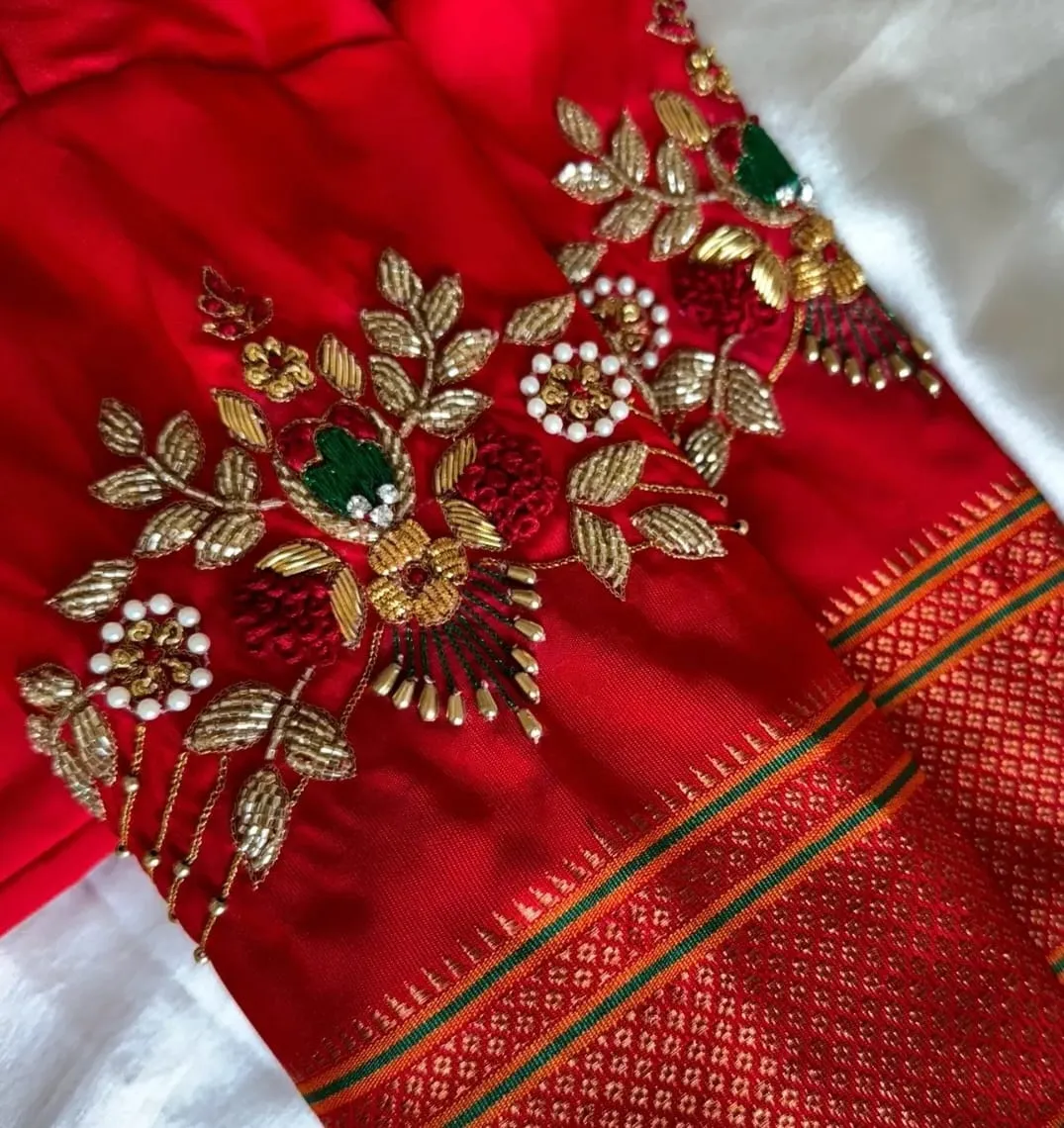 Red Thread Floral Maggam Work Designer Blouse – Bridal & Festive Wear